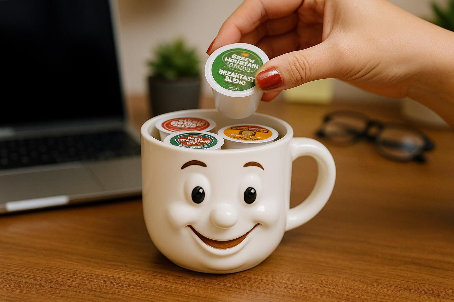 Smiling Mug Coffee Pod Holder – 4‑Slot Personal Desk Organizer,