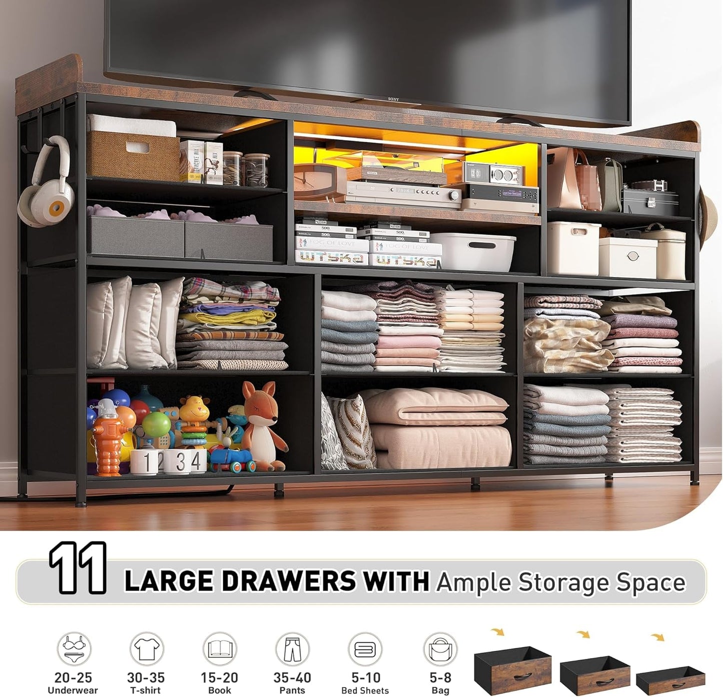 Dresser for Bedroom with 11 Drawers for 60" TV Stand for Bedroom with