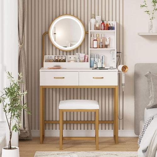 White Vanity Round Mirror, Lights, Charging, Small Bedroom