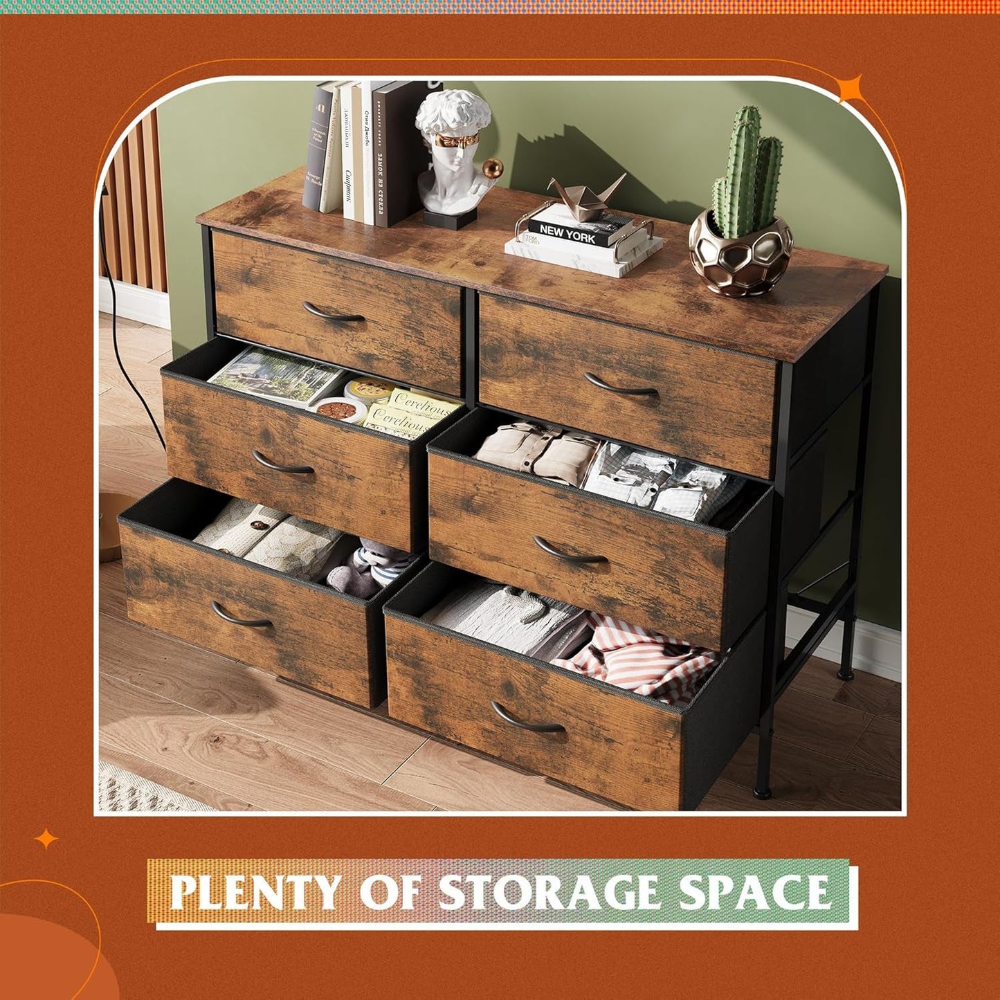Dresser for Bedroom with 6 Drawers, Wide Fabric Dresser TV Stand for