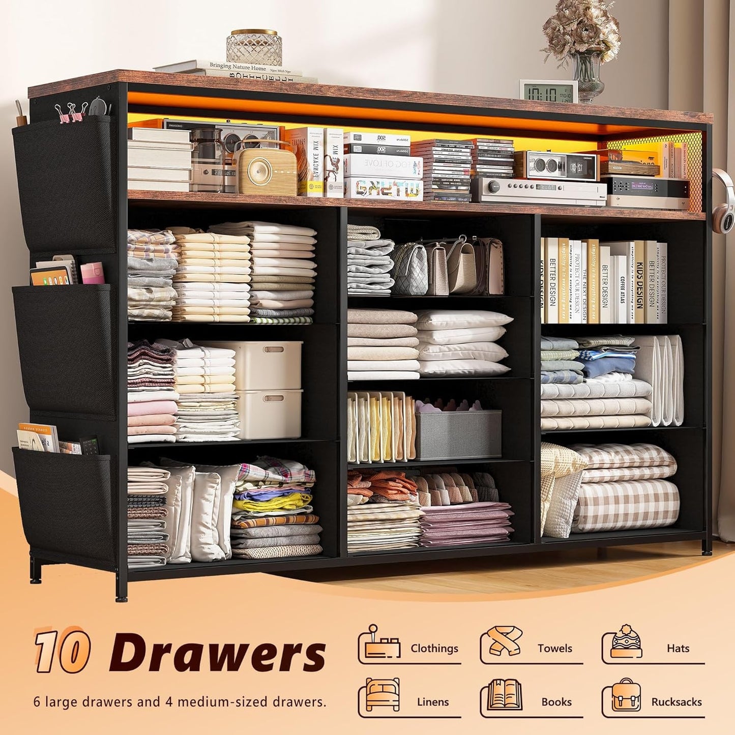 Dresser for Bedroom with 10 Fabric Drawers, Dresser with LED Lights &