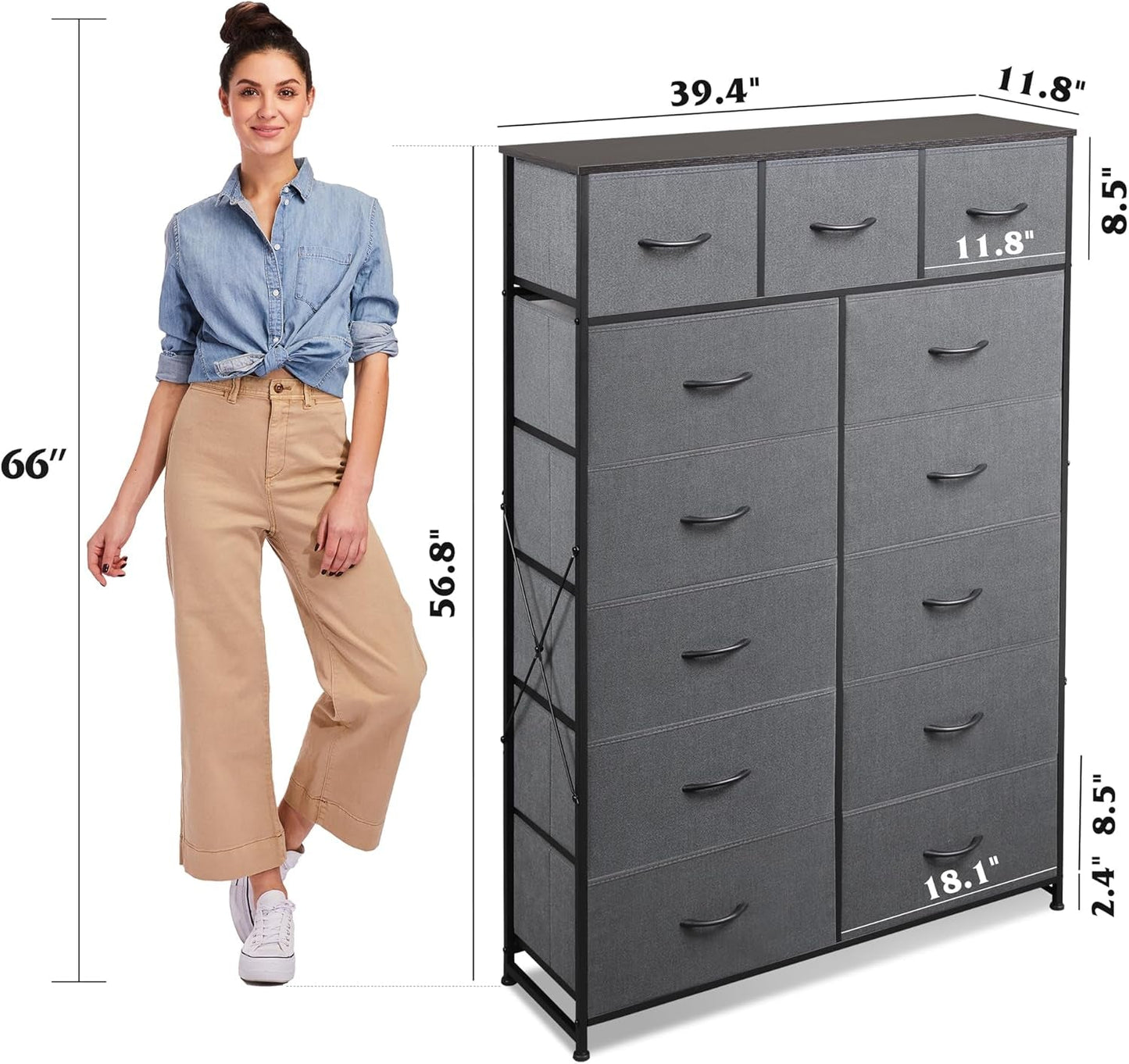 Tall Dresser for Bedroom with 13 Drawers, Storage Dresser Organizer