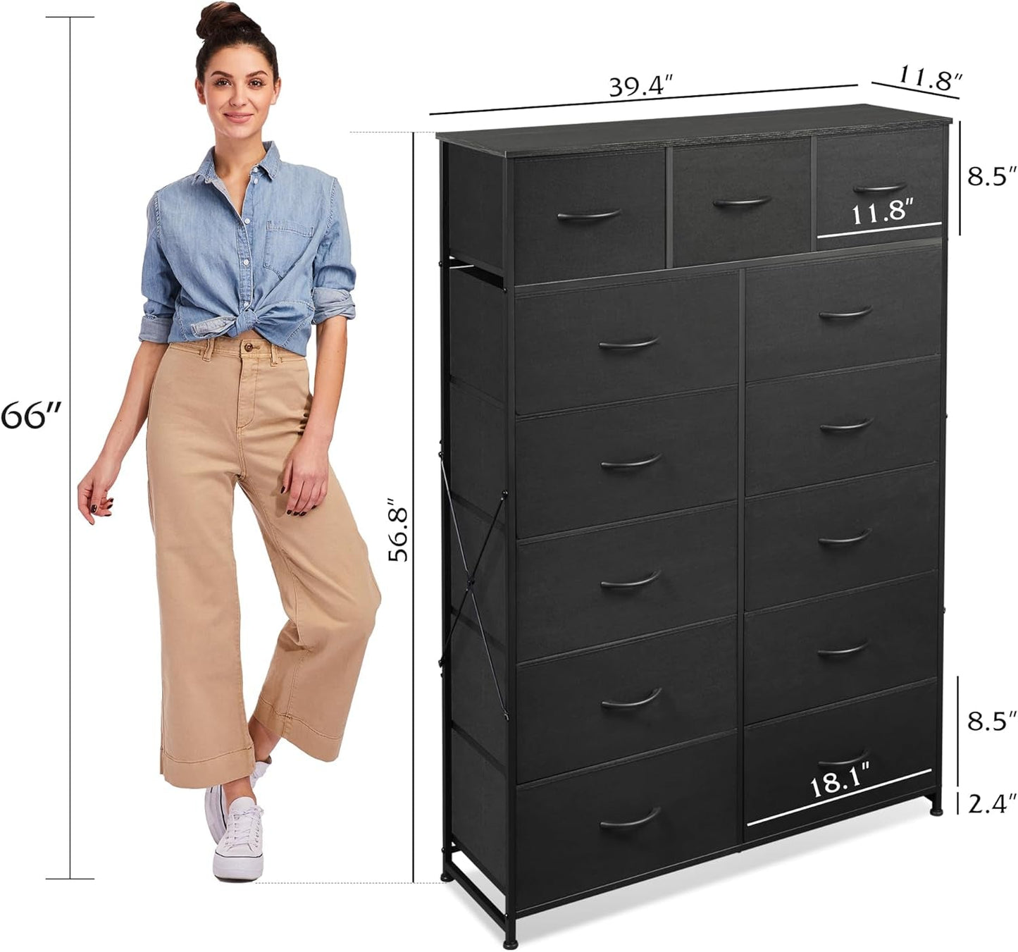 Tall Dresser for Bedroom with 13 Drawers, Storage Dresser Organizer