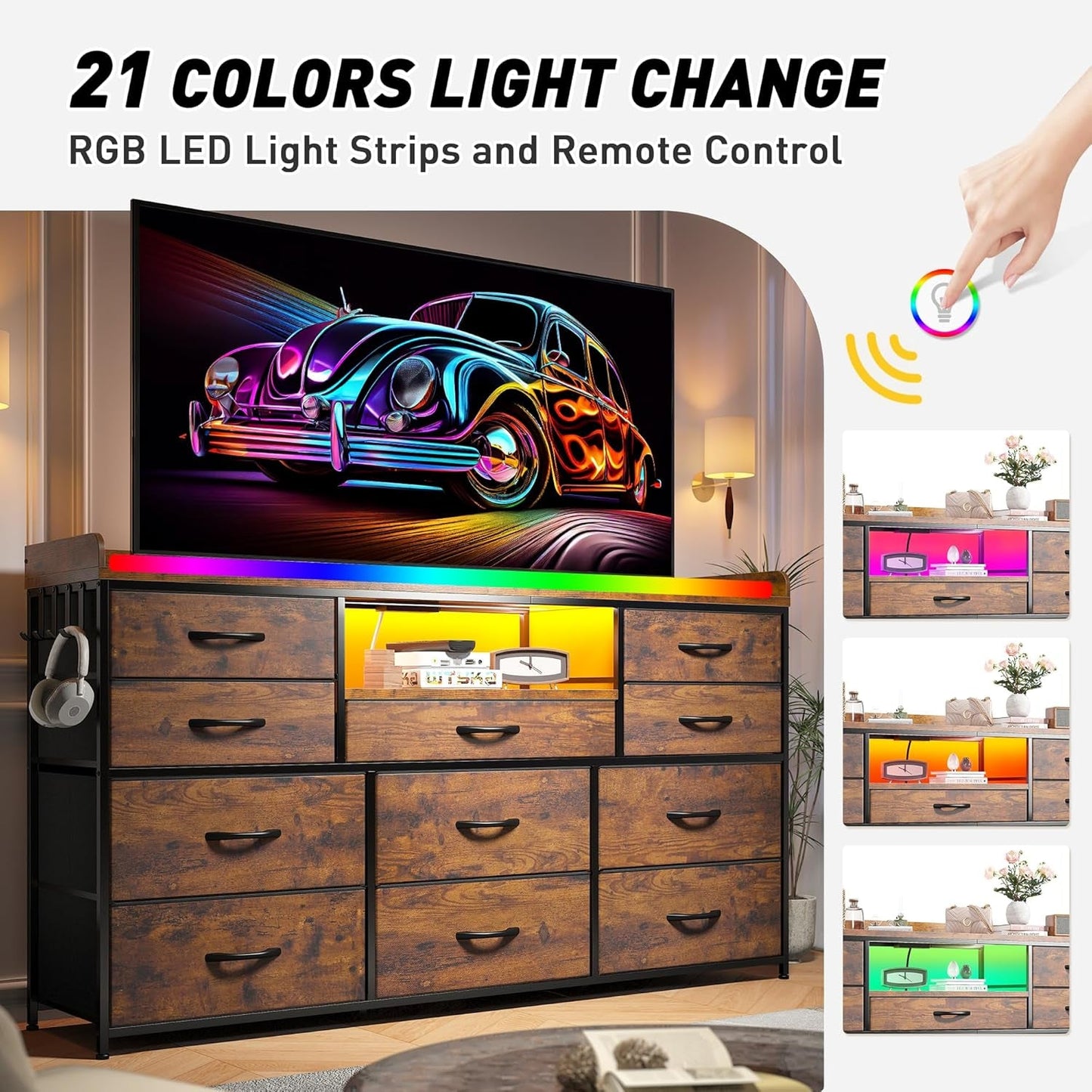 Dresser for Bedroom with 11 Drawers for 60" TV Stand for Bedroom with