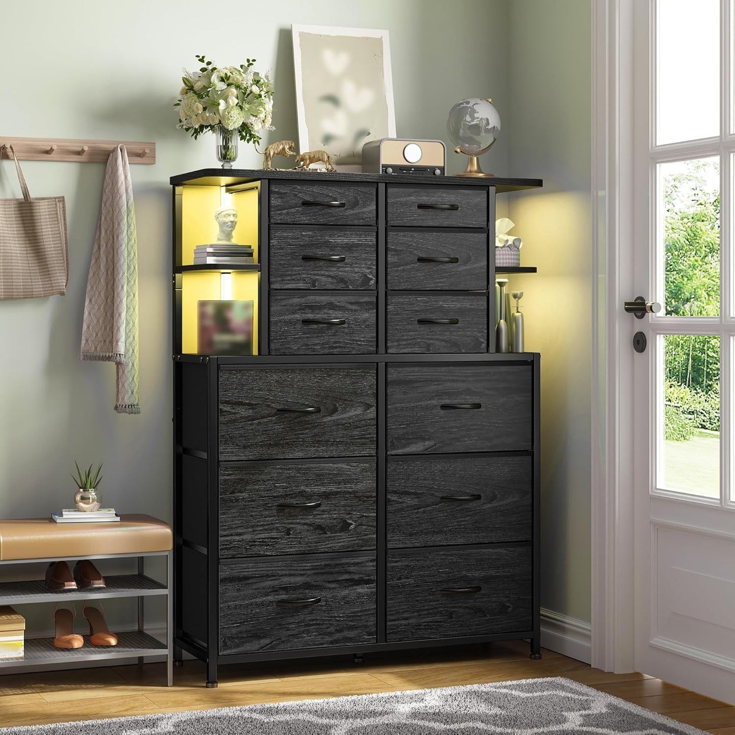12 Drawer Dresser with LED Lights Bedroom Black