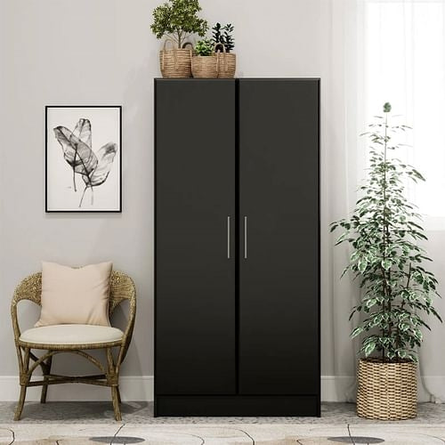 Bedroom Armoire Wardrobe Cabinet with Hanging Rail in Black Wood