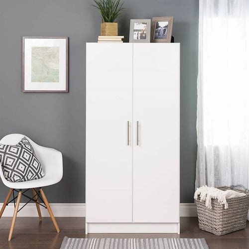 Bedroom Armoire Wardrobe Cabinet with Hanging Rail in White Wood