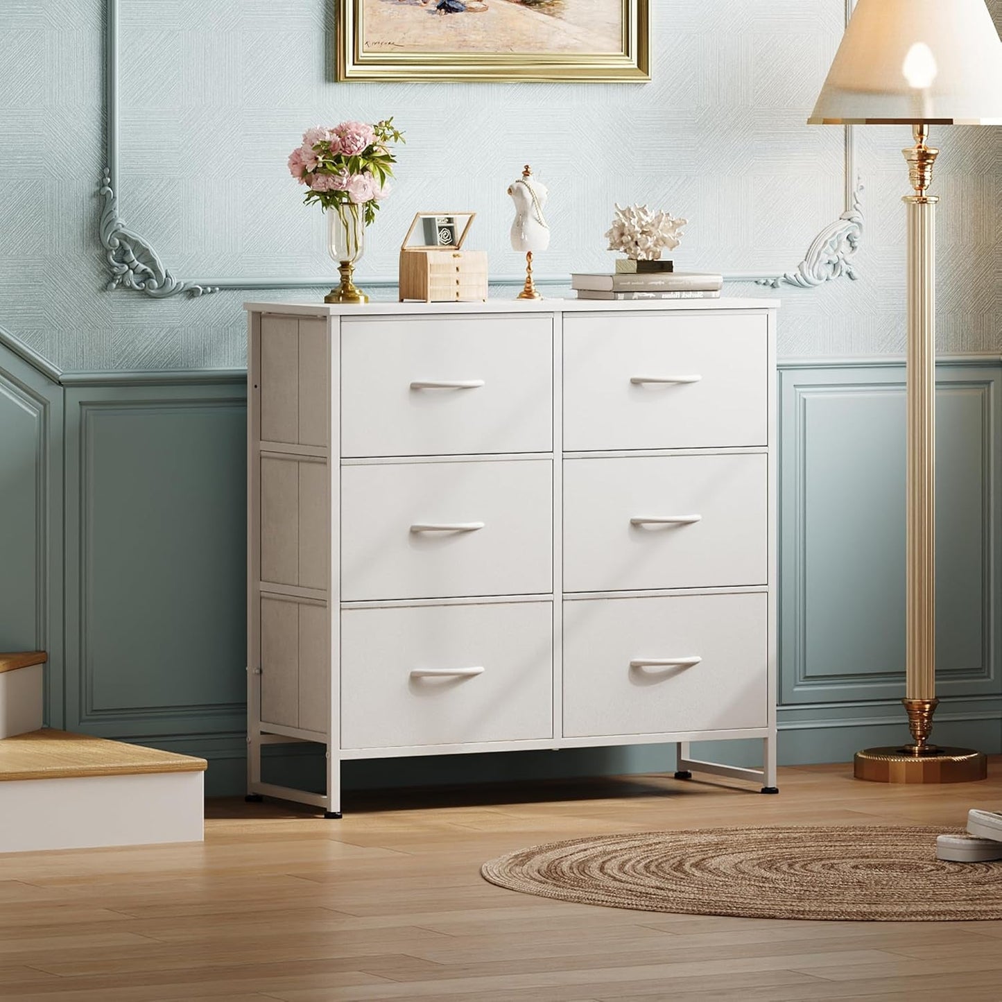 White Dresser for Bedroom, 6 Drawer Double Dresser, Fabric Storage