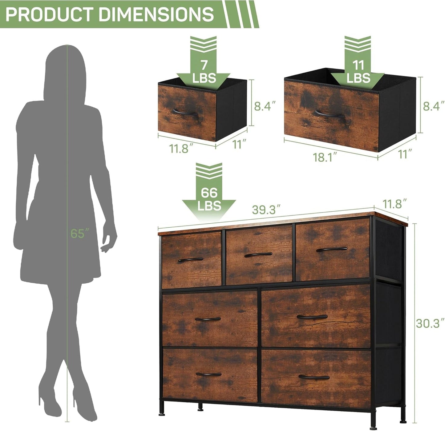 Dresser for Bedroom, 7 Storage Drawers, Anti-Tip Wide Fabric Closet