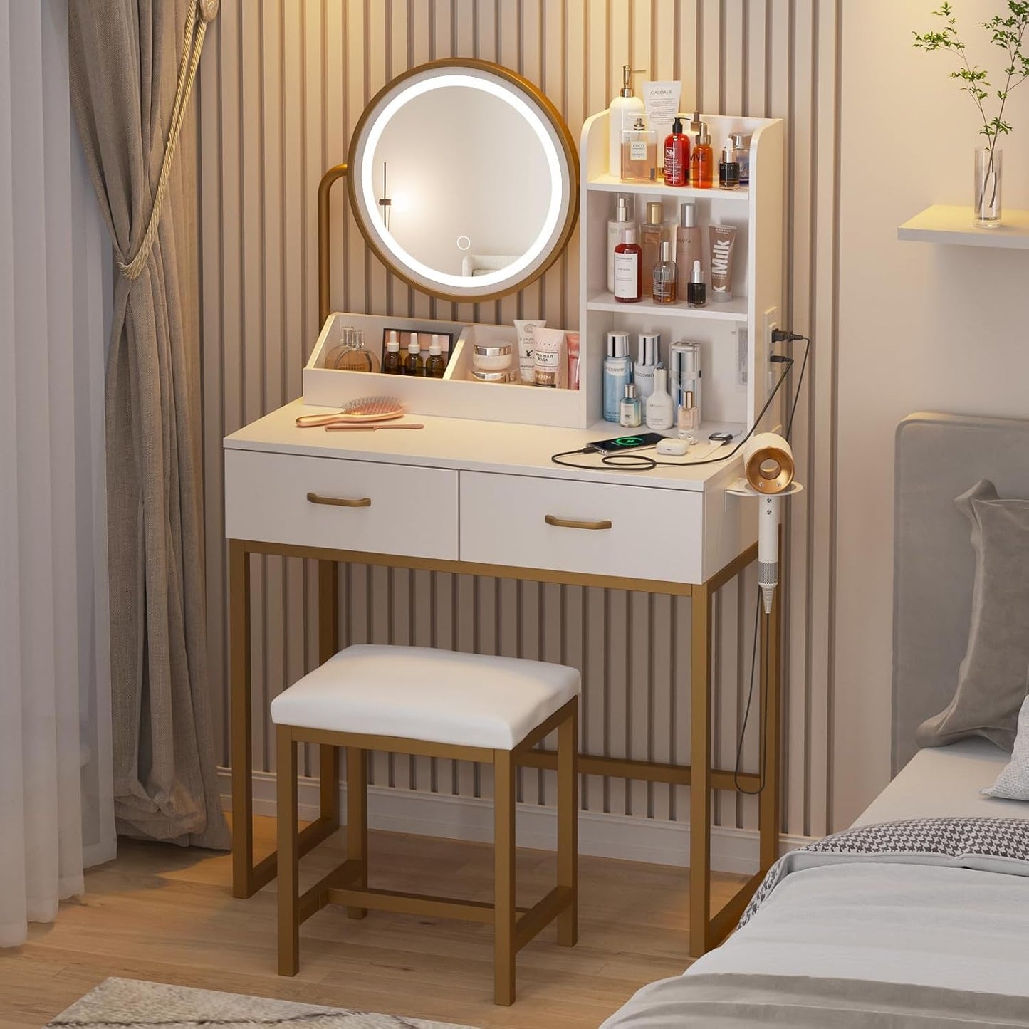 White Vanity Round Mirror, Lights, Charging, Small Bedroom