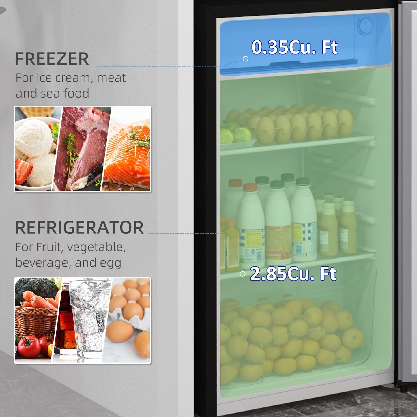 HOMCOM 3.2 Cu.Ft Mini Fridge with Freezer, Single Door Compact