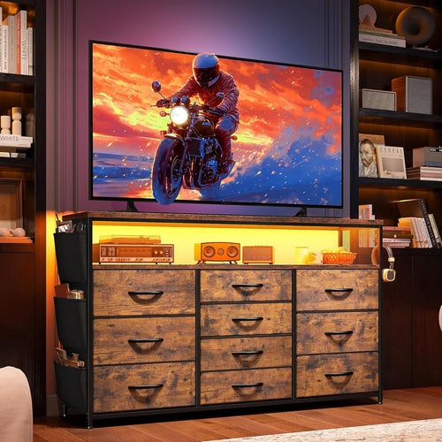 Dresser TV Stand with 10 Drawers for 55" TV Stand for Bedroom with LED