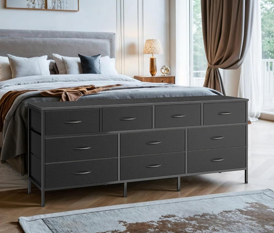 63 Inch TV Stand Dresser for Bedroom, Long Dresser with 10 Fabric
