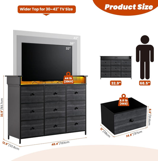 9 Drawer Dresser for Bedroom, TV Stand for Bedroom, Black Dresser with