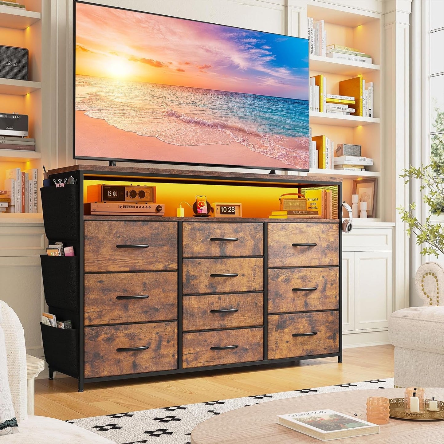 Dresser for Bedroom with 10 Fabric Drawers, Dresser with LED Lights &