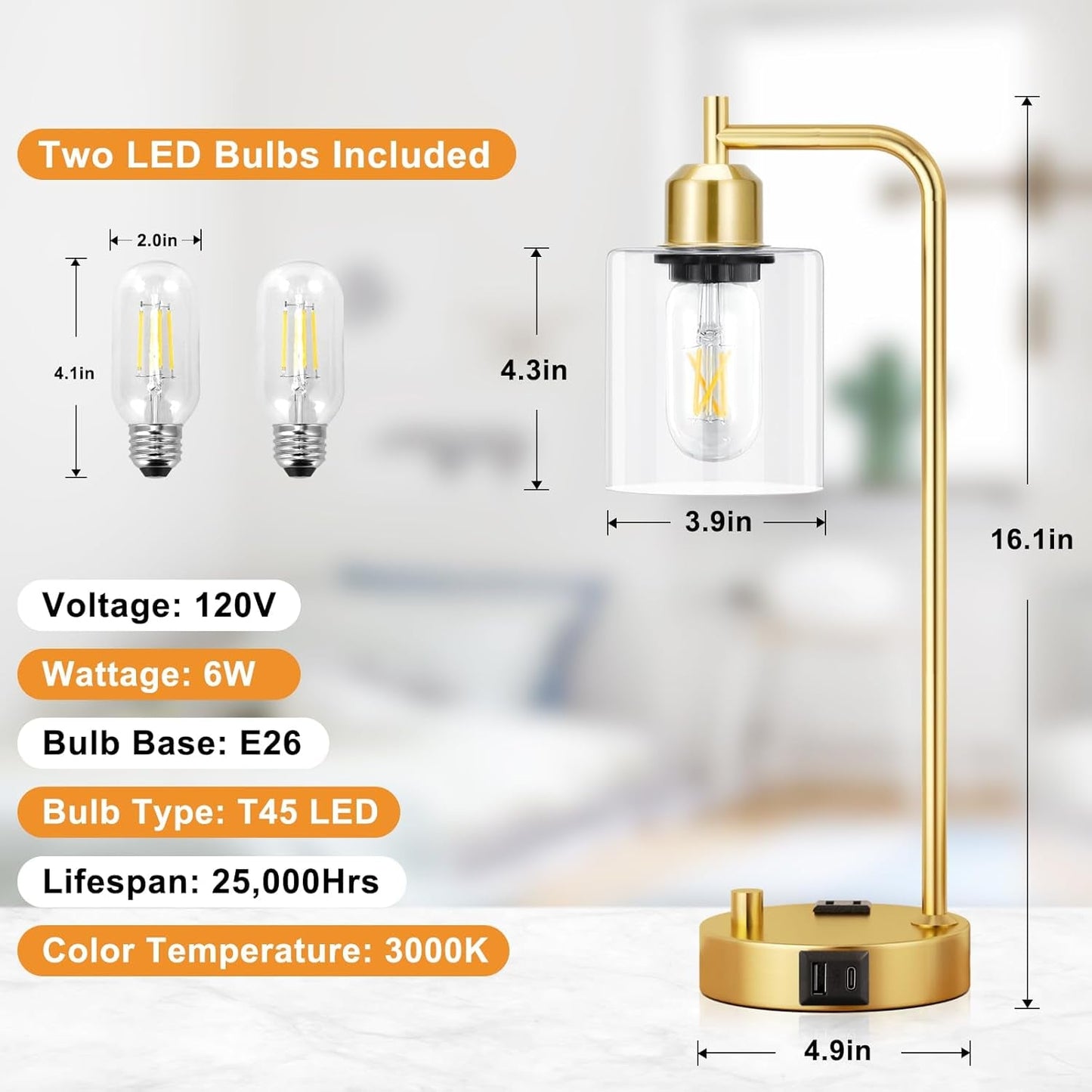 Industrial Table Lamps for Bedroom Set of 2 - Fully Dimmable Bedside