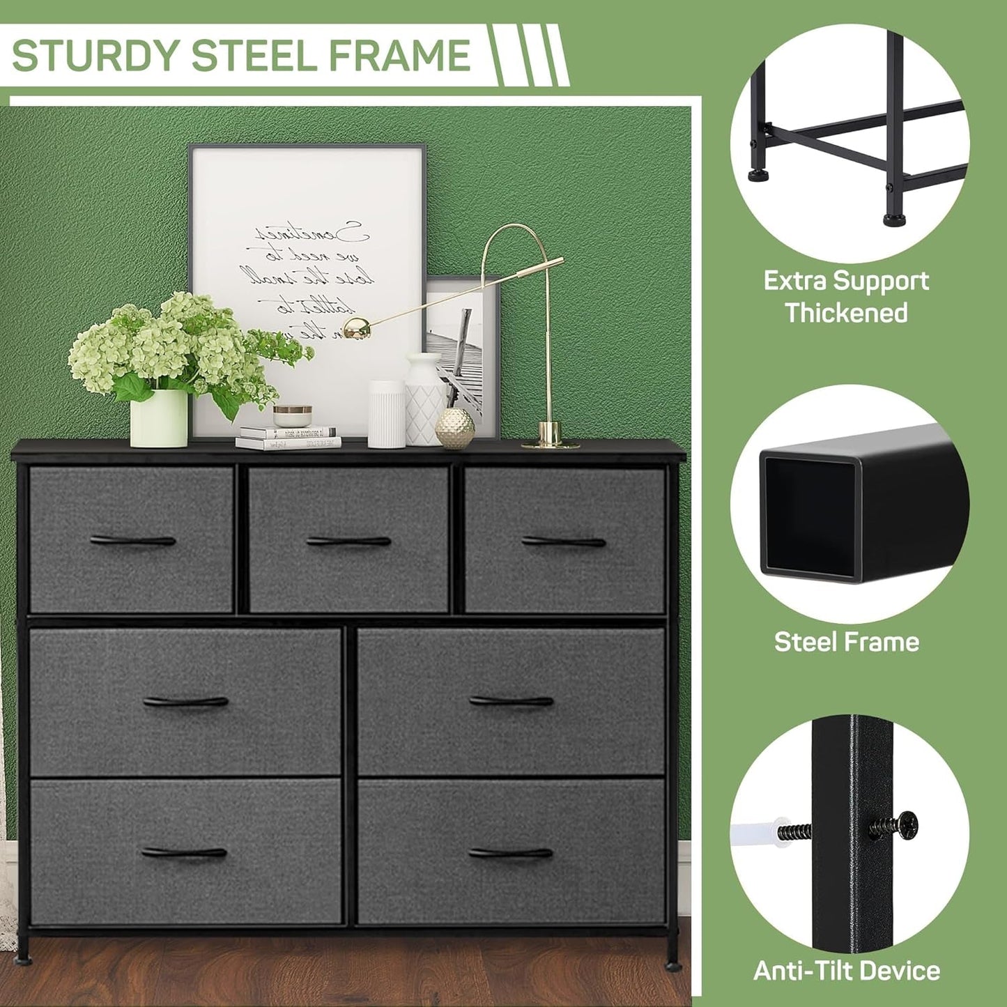 Dresser for Bedroom, 7 Storage Drawers, Anti-Tip Wide Fabric Closet