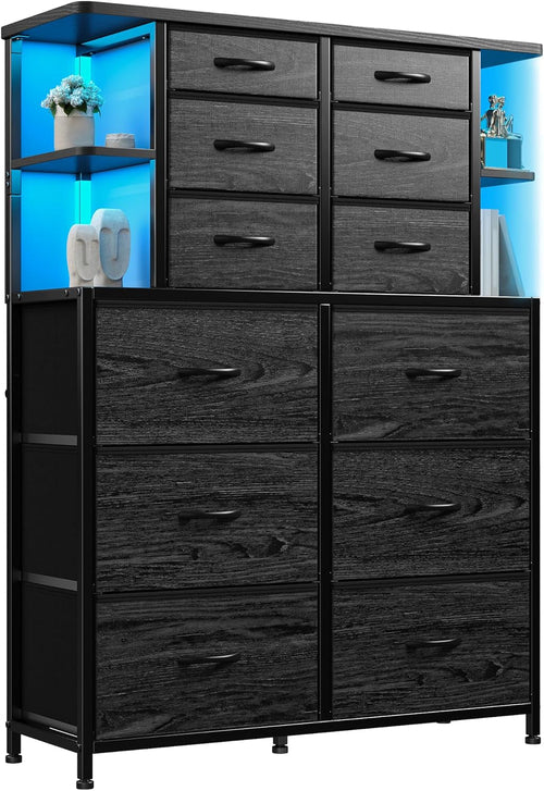 12 Drawer Dresser with LED Lights Bedroom Black