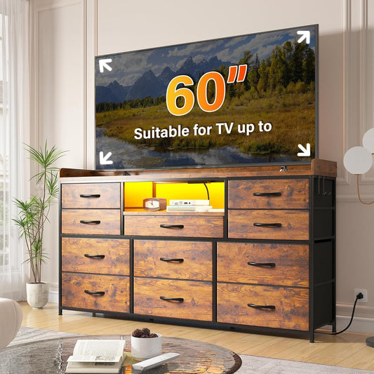 Dresser TV Stand with 11 Drawers for 60" TV Stand for Bedroom with LED