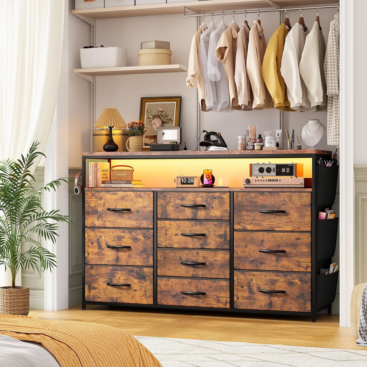 Dresser for Bedroom with 10 Fabric Drawers, Dresser with LED Lights &