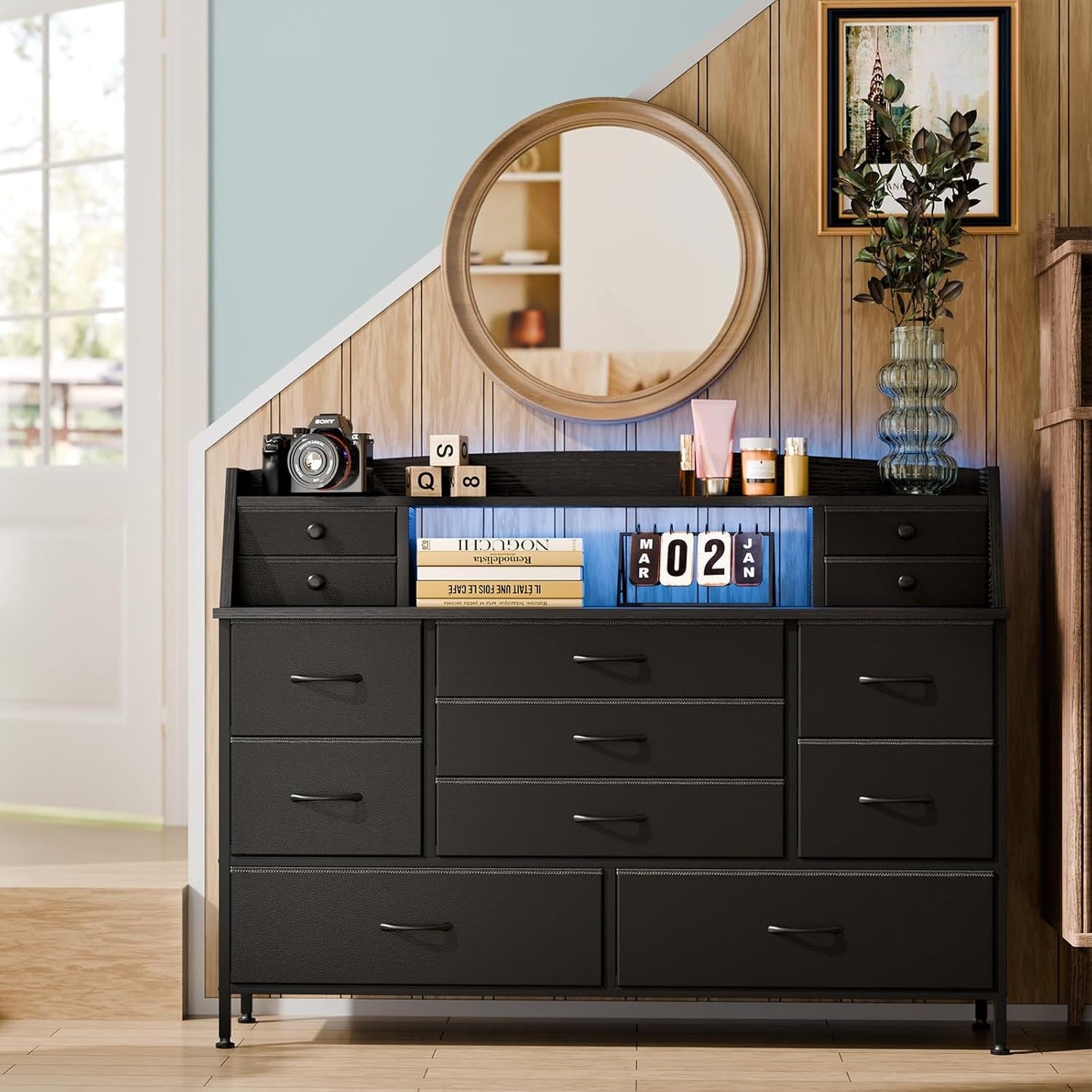 Black Nursery Dresser for Bedroom with 13 Drawers, Fabric Chest of