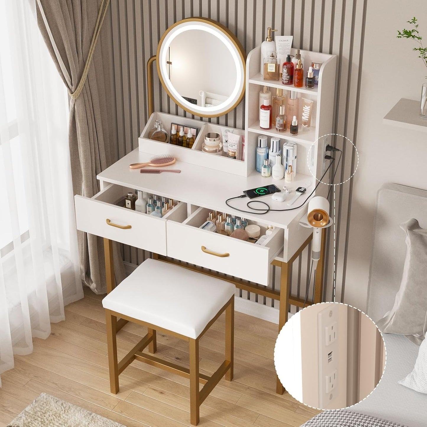 White Vanity Round Mirror, Lights, Charging, Small Bedroom