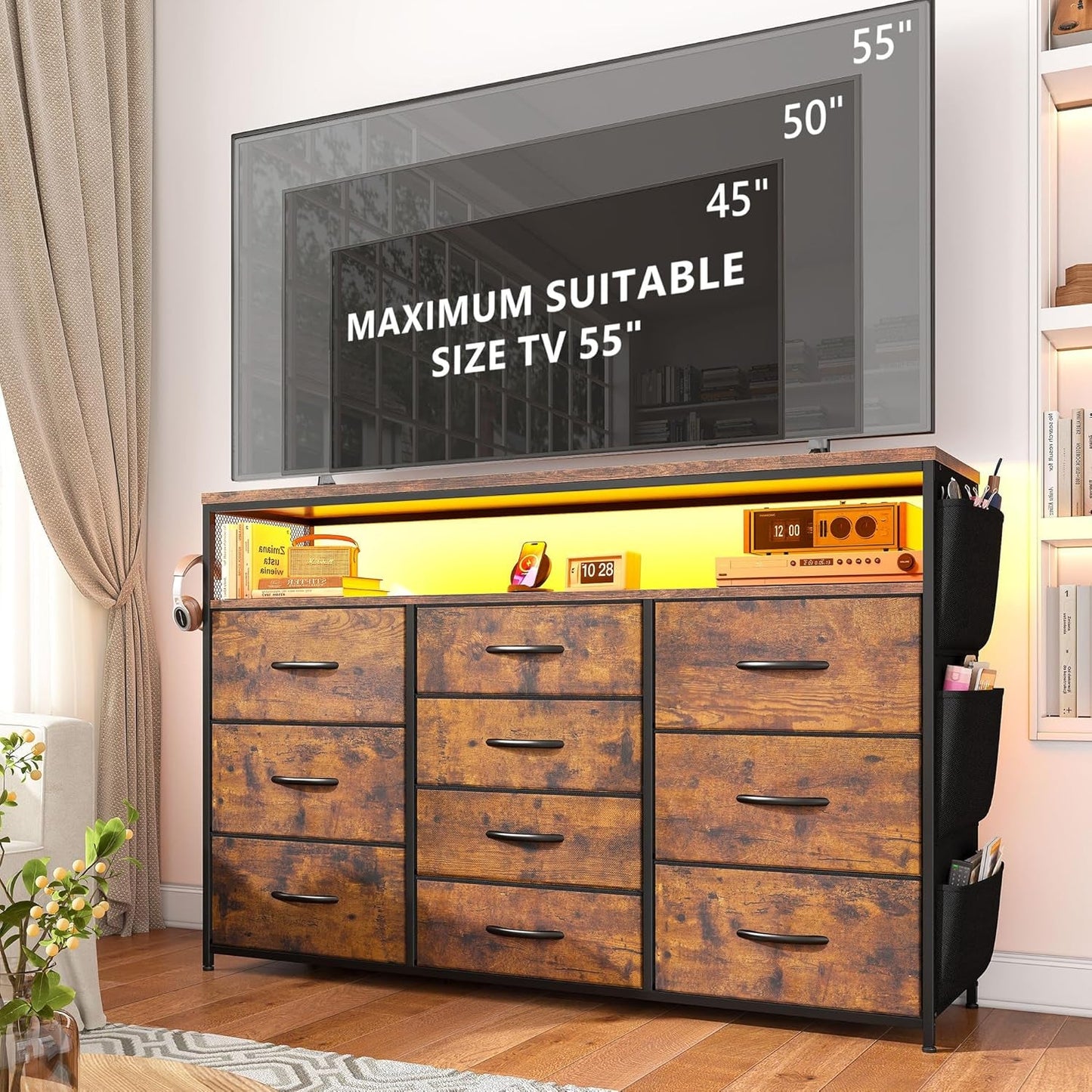 Dresser for Bedroom with 10 Fabric Drawers, Dresser with LED Lights &