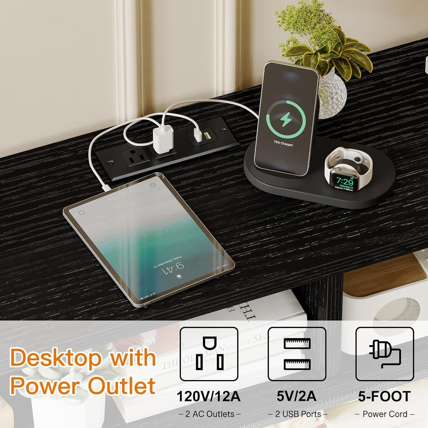 Black Dresser for Bedroom with Power Outlets and LED Lights, 55 Inch