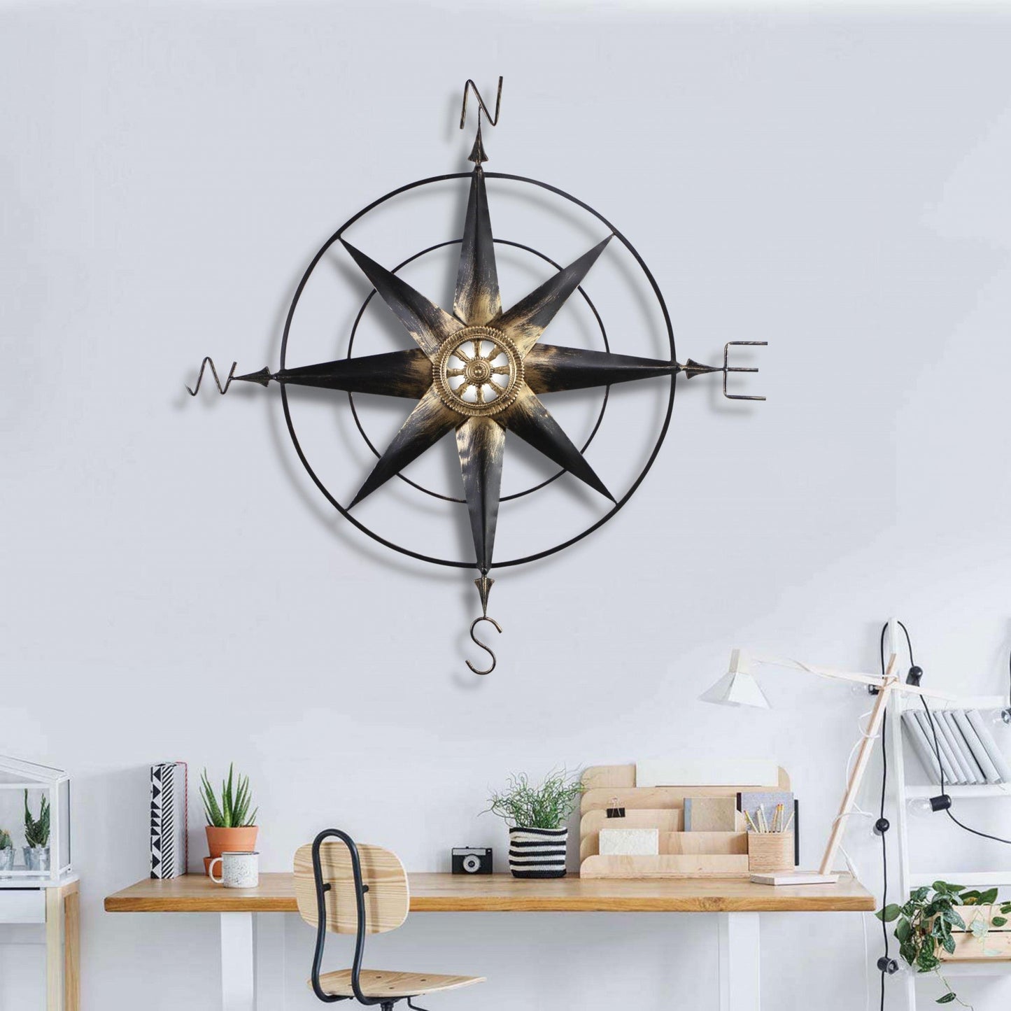Black Metal Wall Decor Compass with Gold Center Accents