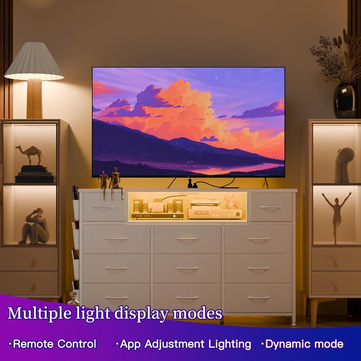 White Dresser for Bedroom with Power Outlets and LED Lights 11 Drawers