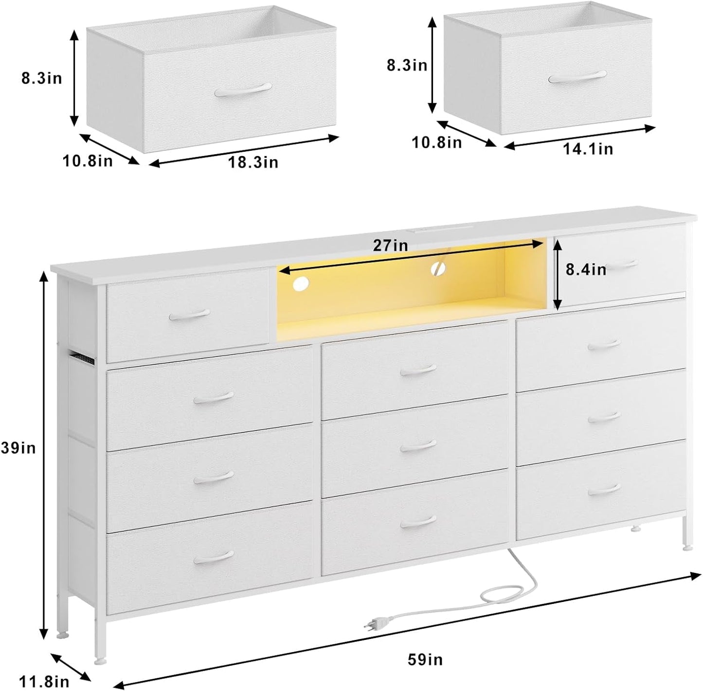 Long Dresser for Bedroom with Charging Station and LED Lights, White