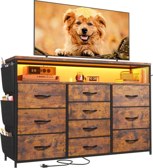 Dresser for Bedroom with 10 Fabric Drawers, Dresser with LED Lights &