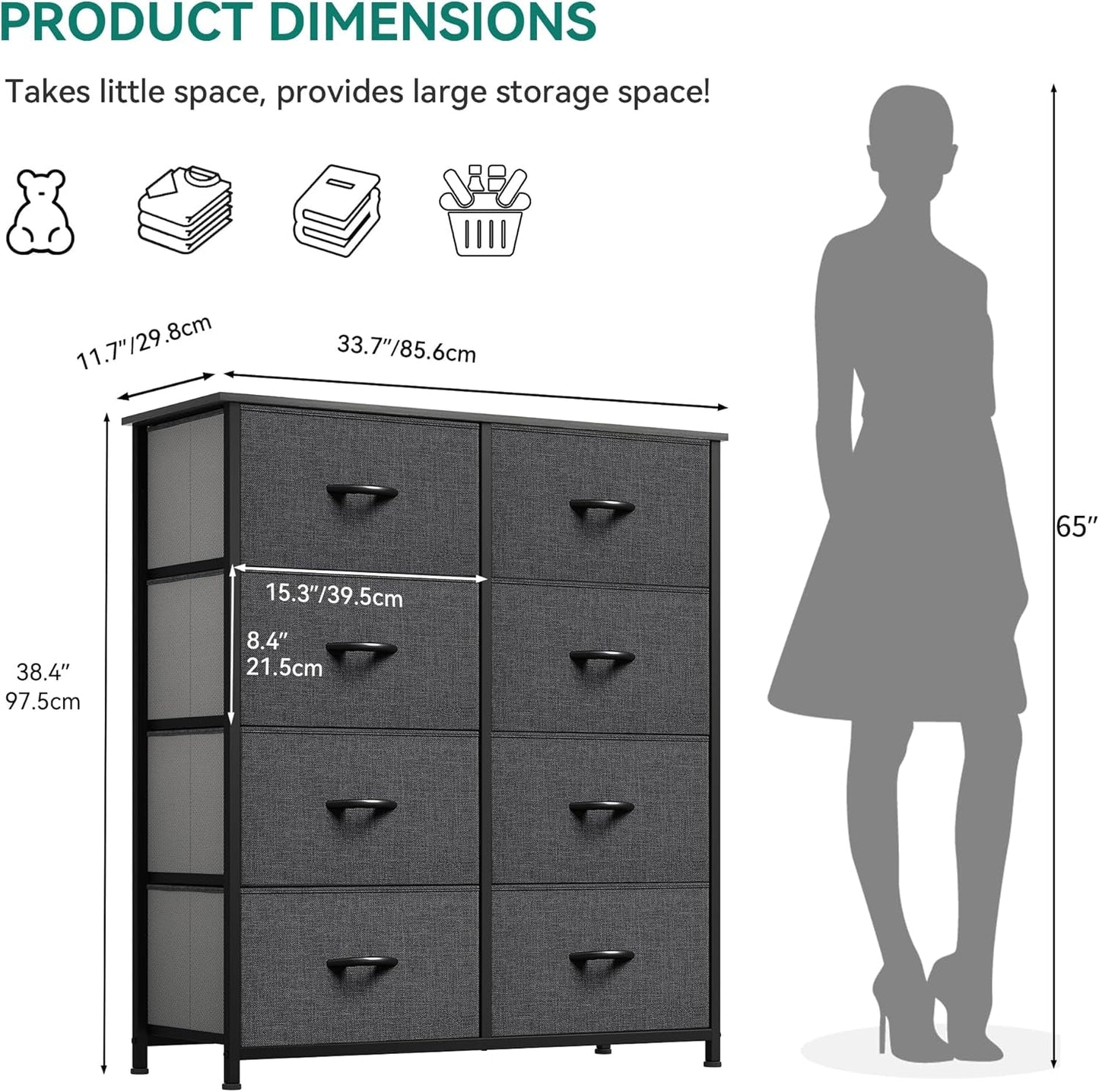 Dresser for Bedroom, Tall Dresser with 8 Drawers, Storage Tower with