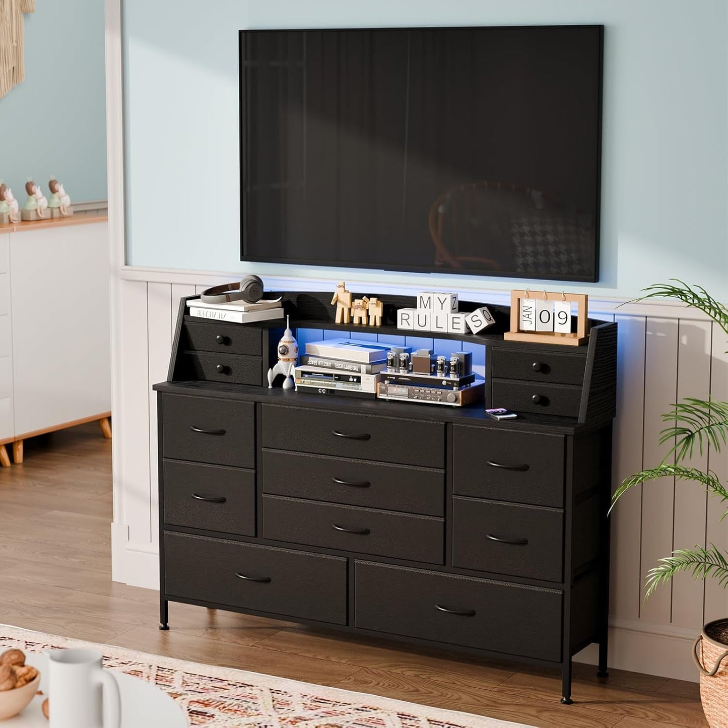 Black Nursery Dresser for Bedroom with 13 Drawers, Fabric Chest of