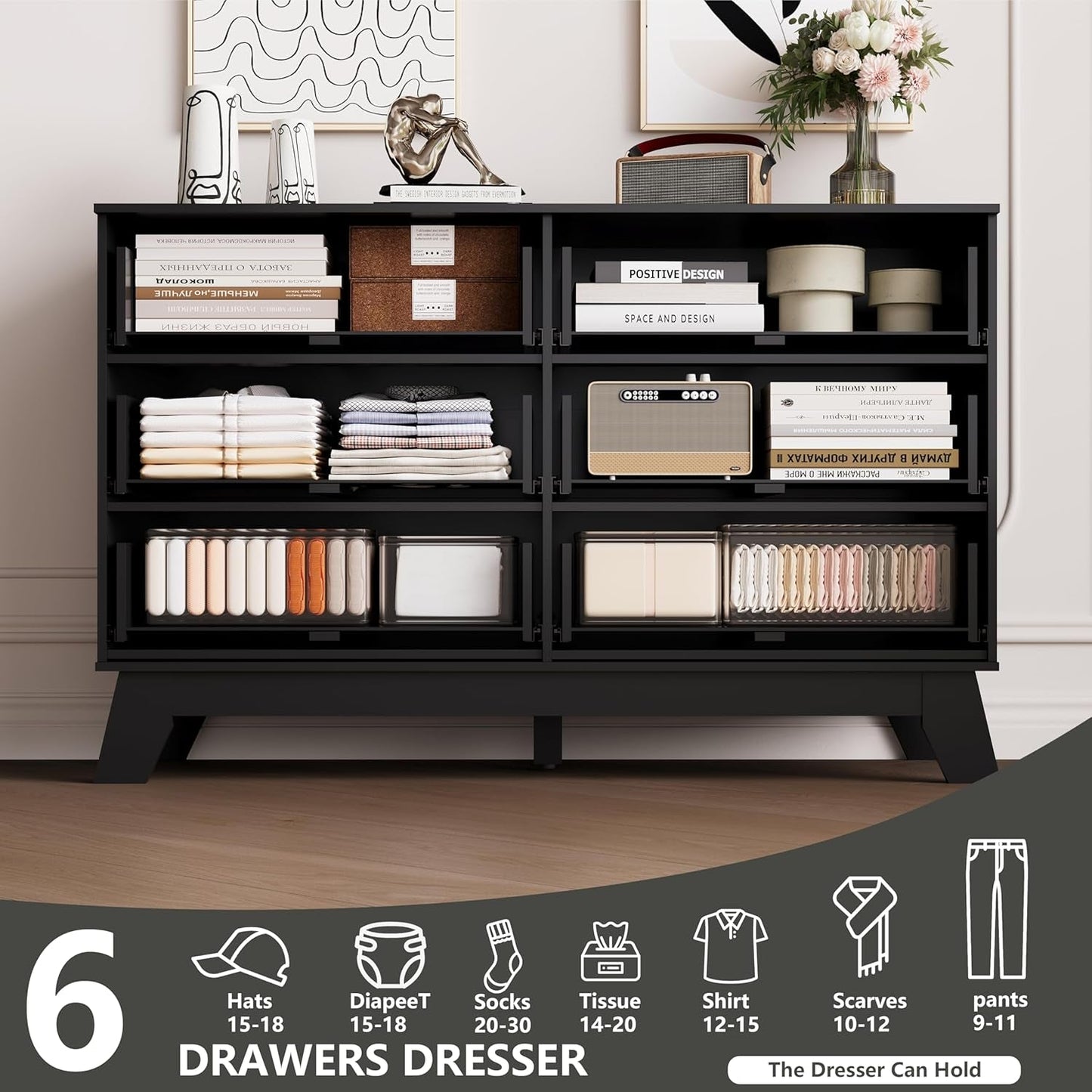 6 Drawers Dresser for Bedroom, Fluted Dresser Chest of Drawers with