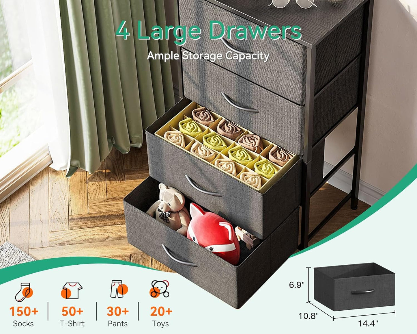 Dresser for Bedroom with 4 Storage Drawers, Small Dresser Chest of