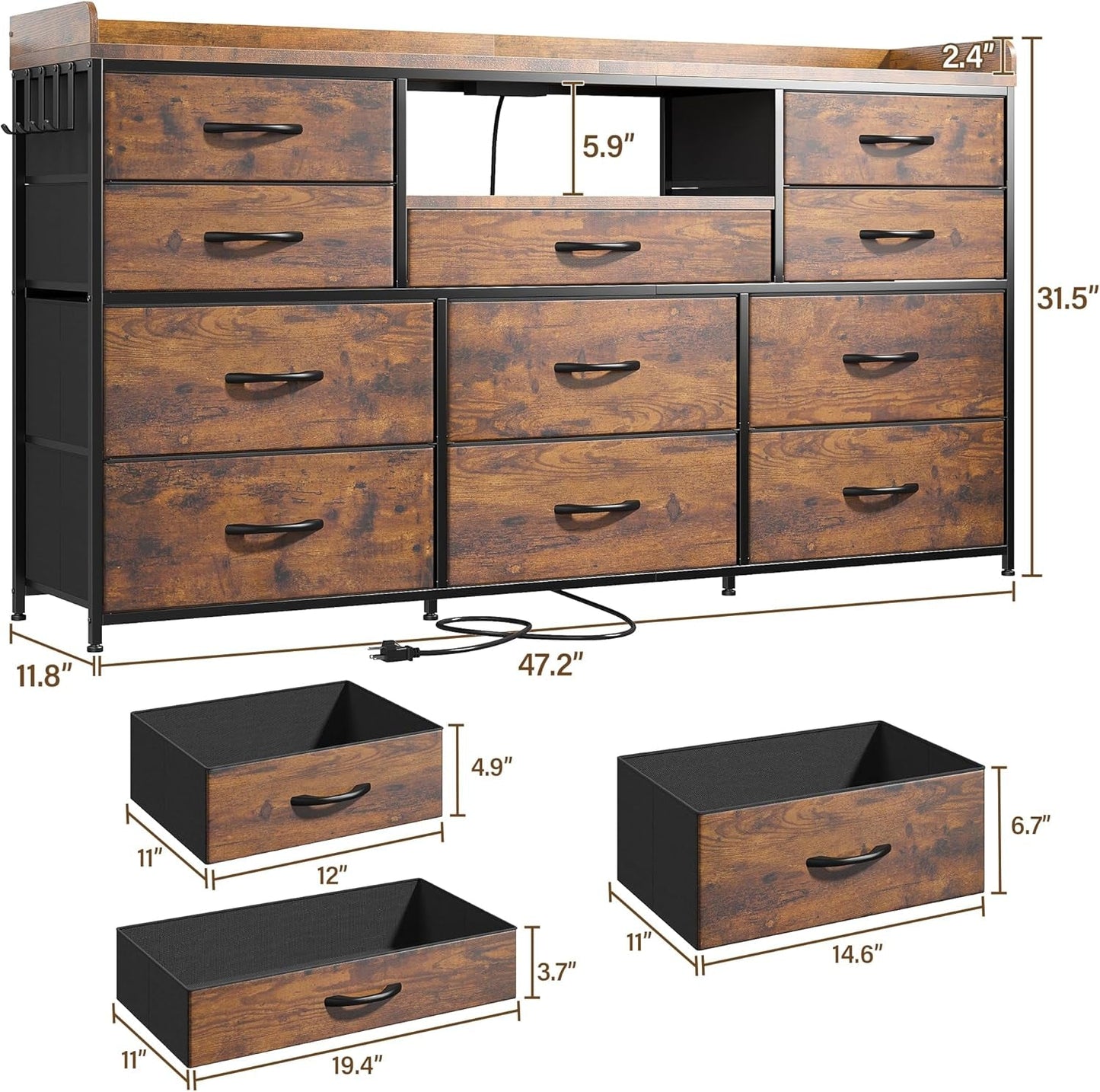 Dresser TV Stand with 11 Drawers for 60" TV Stand for Bedroom with LED