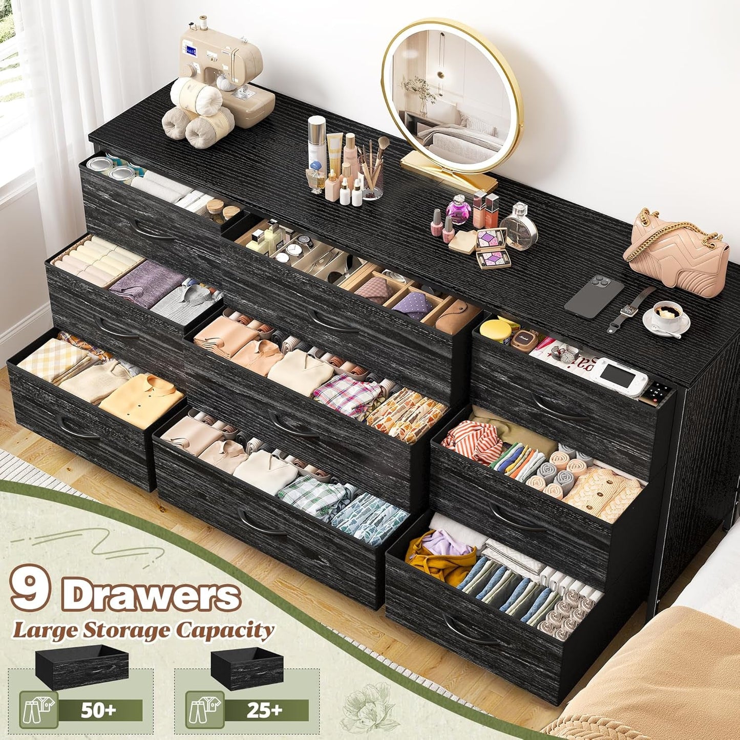 Dresser TV Stand with 9 Drawers for 60'' TV Stand for Bedroom Long