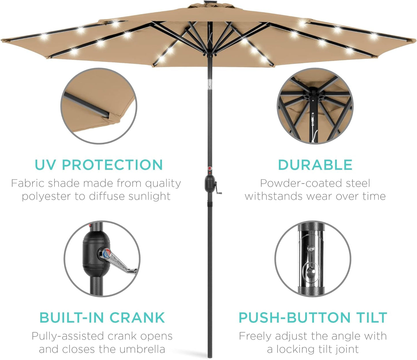 10Ft Solar Polyester LED Lighted Patio Umbrella W/Tilt Adjustment and
