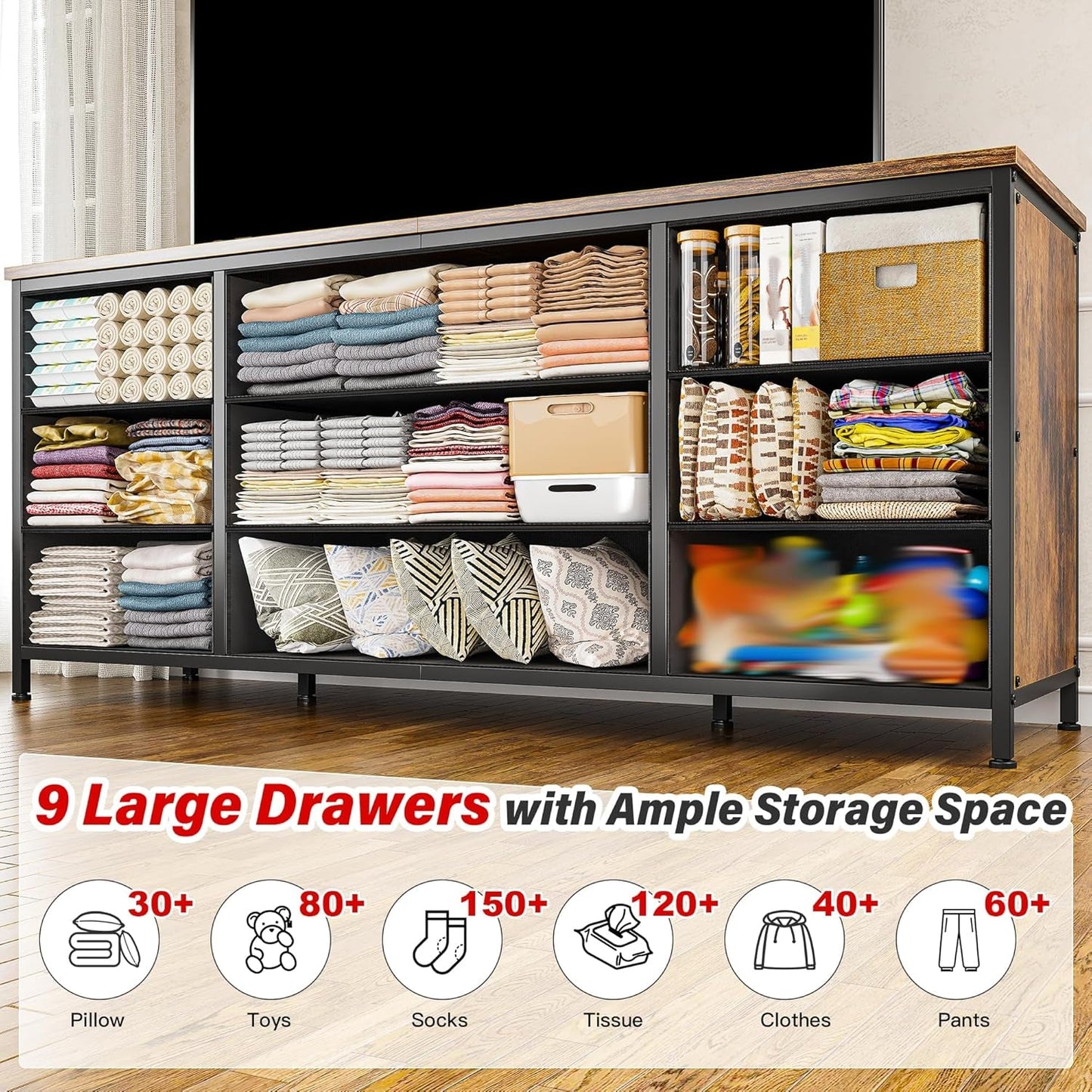 Dresser, Dresser for Bedroom with 9 Drawers, Wide Dresser TV Stand for
