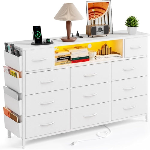 White Dresser for Bedroom with Power Outlets and LED Lights 11 Drawers