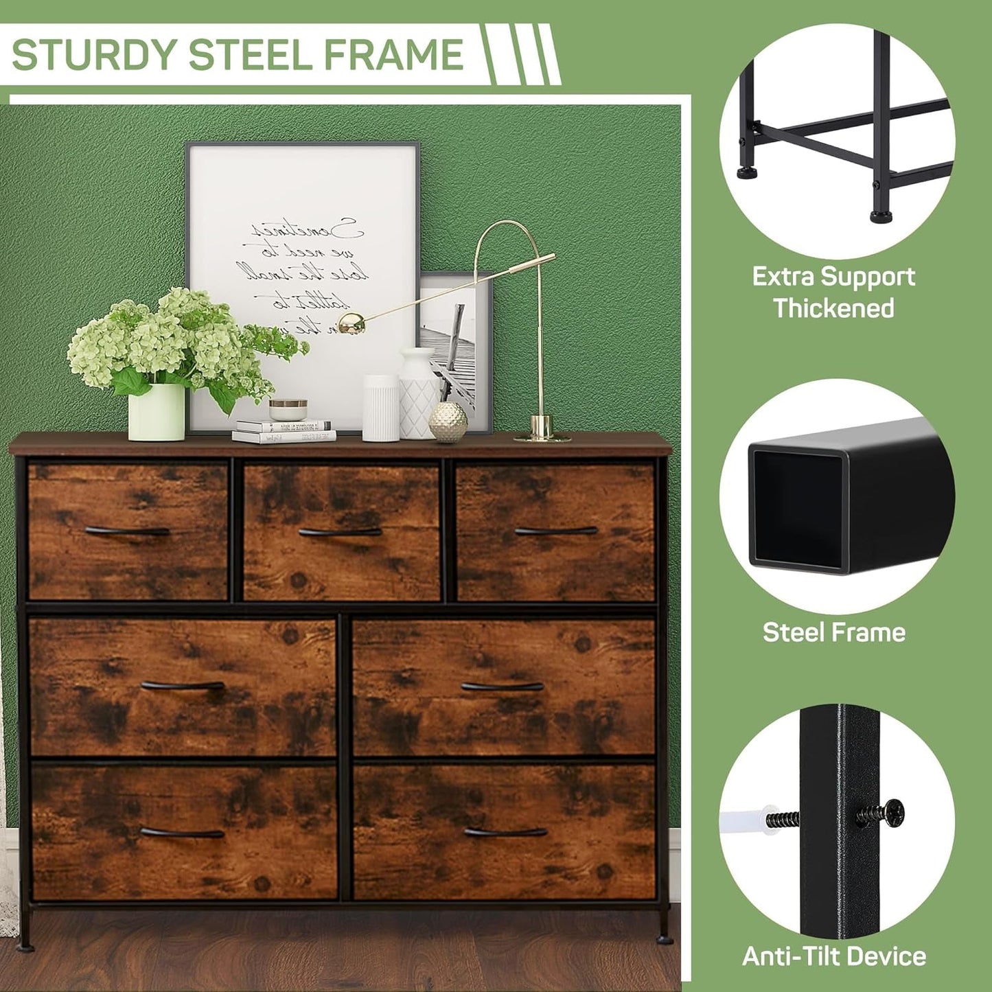 Dresser for Bedroom, 7 Storage Drawers, Anti-Tip Wide Fabric Closet