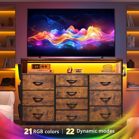 Dresser for Bedroom with 10 Fabric Drawers, Dresser with LED Lights &