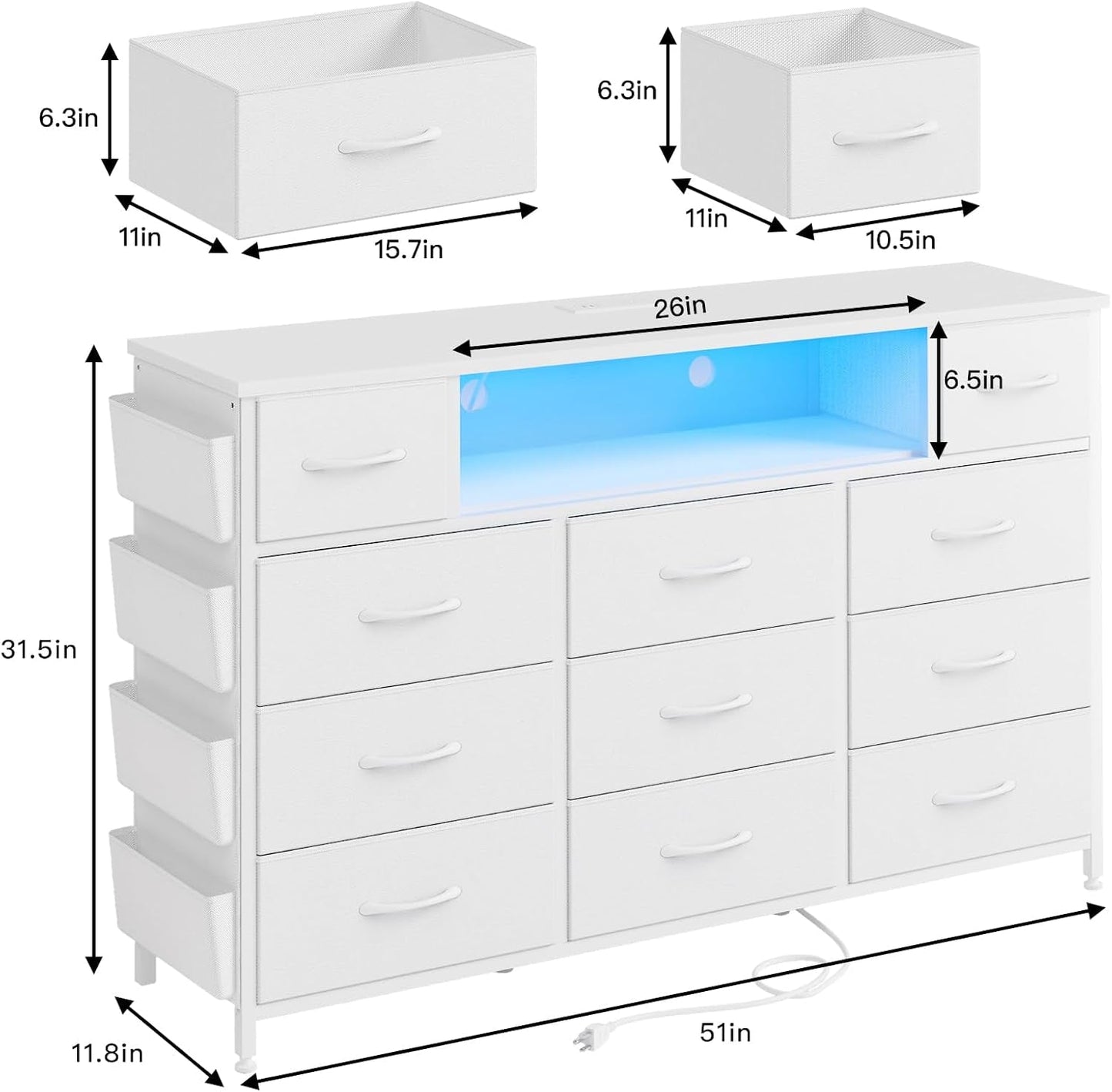 White Dresser for Bedroom with Power Outlets and LED Lights 11 Drawers