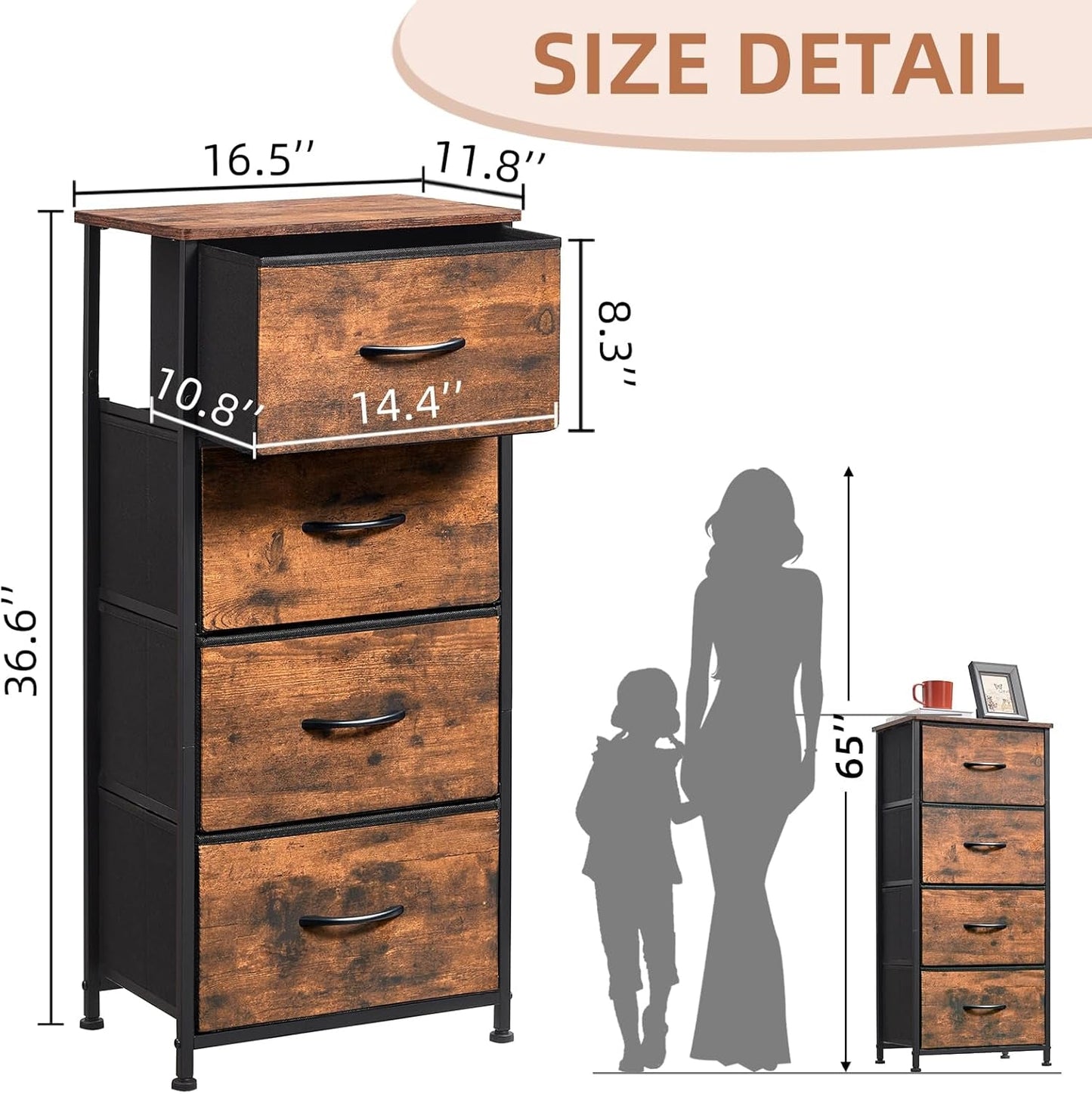 Tall Dresser for Bedroom with 4 Drawers, Storage Organizer Chest of