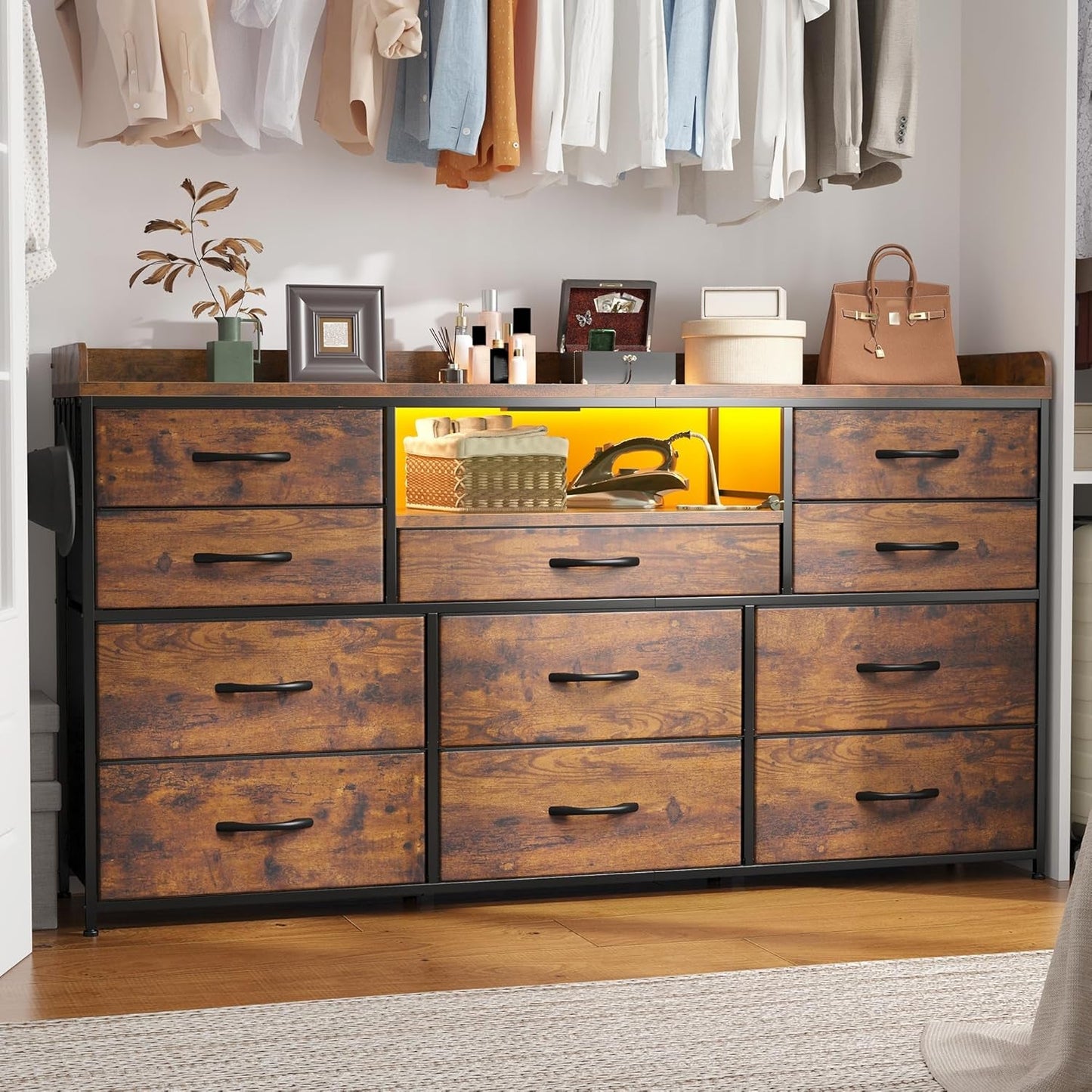 Dresser TV Stand with 11 Drawers for 60" TV Stand for Bedroom with LED