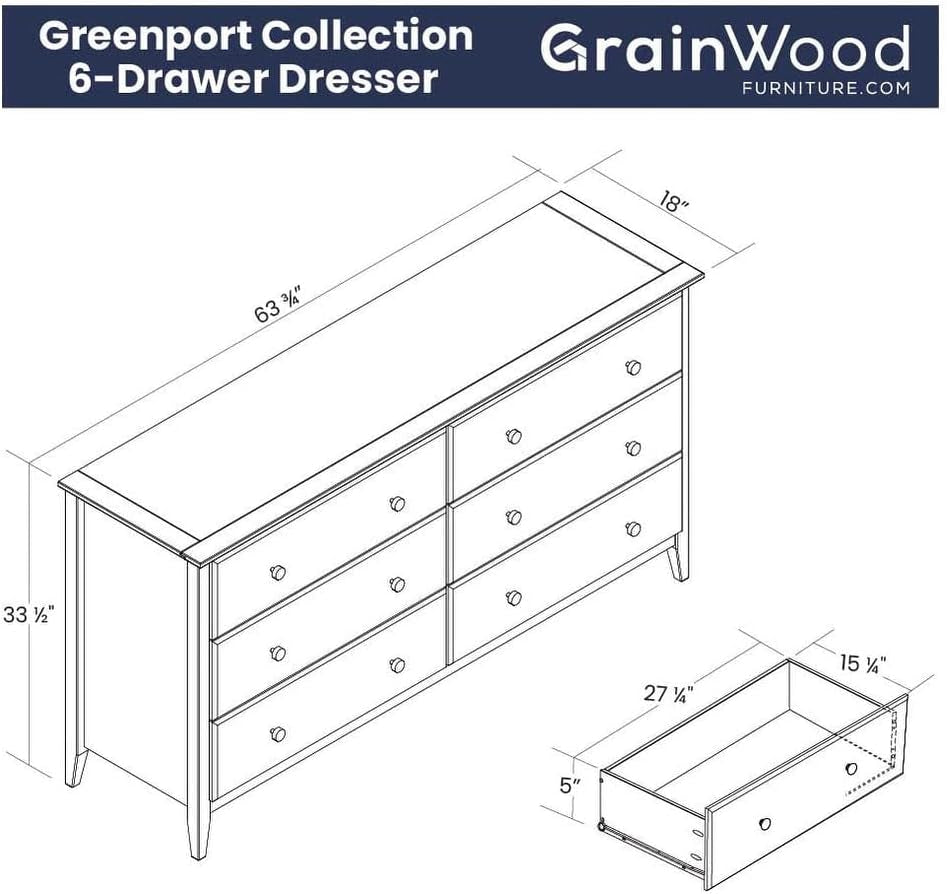 Greenport 6-Drawer Bedroom Dresser, Solid Wood with a Brushed Grey