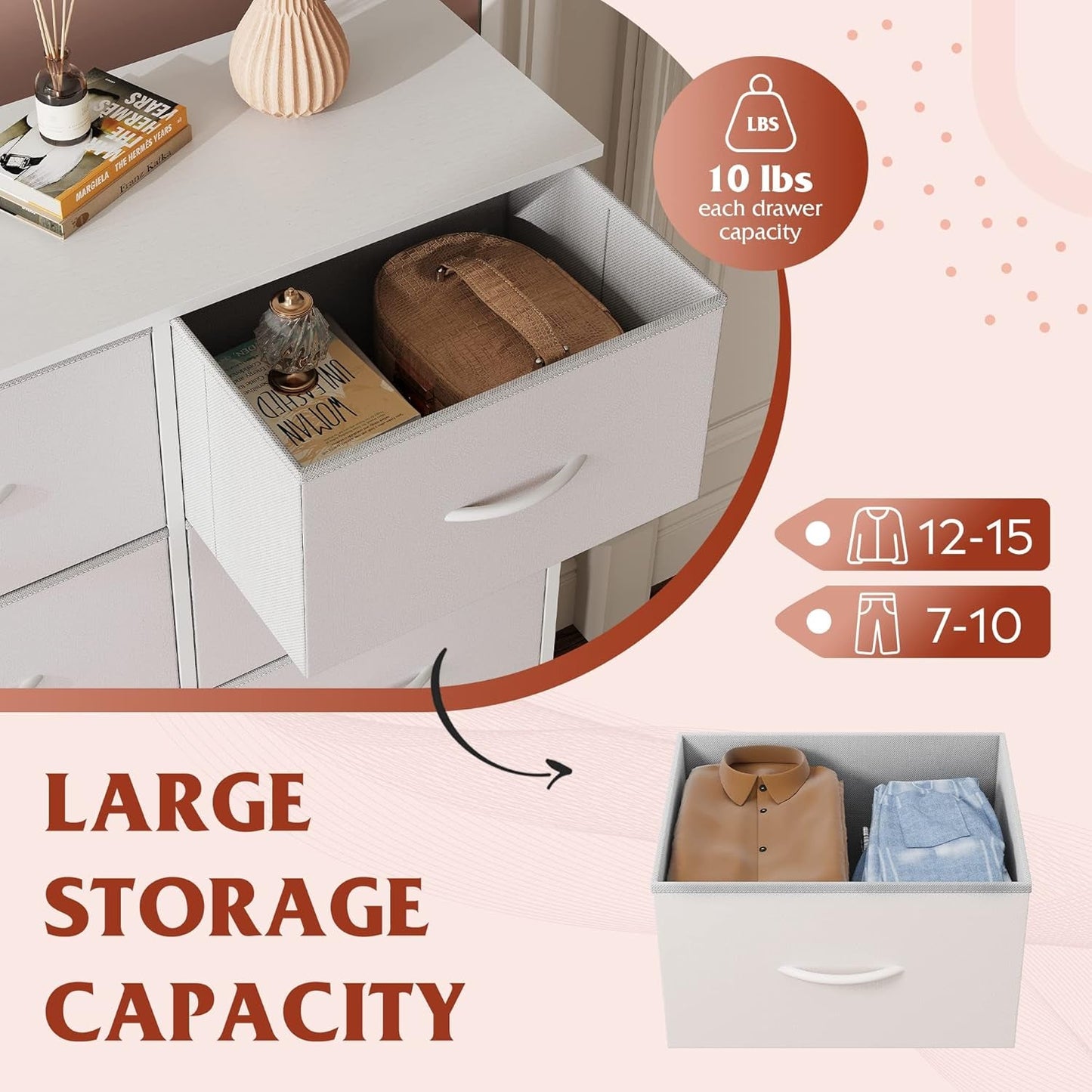 Fabric Dresser for Bedroom with 10 Drawers, Tall Chest of Drawers,