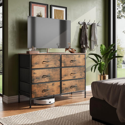 Dresser for Bedroom with 6 Drawers, Wide Fabric Dresser TV Stand for