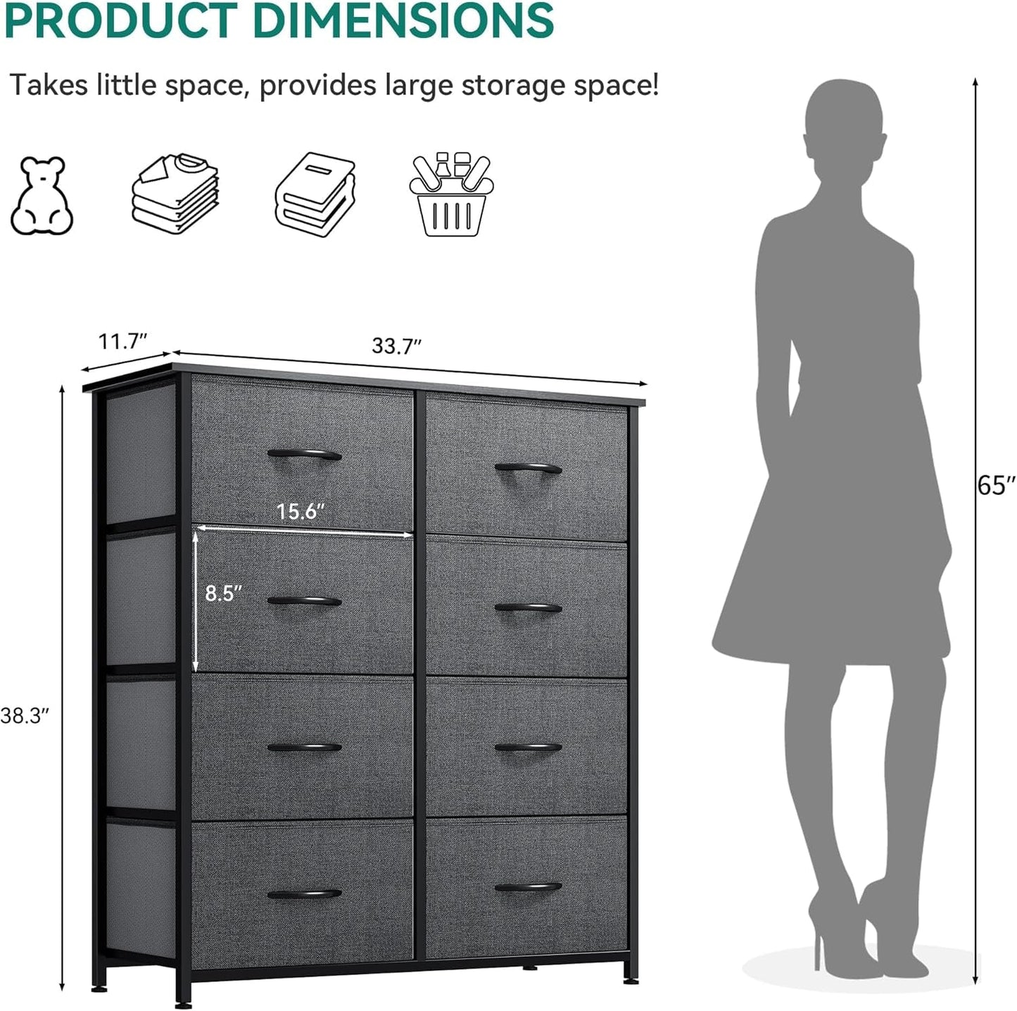Dresser for Bedroom, Fabric Dresser with 8 Drawers,Tall Dresser,Chest